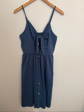 Blue Tie-Front Spaghetti Strap Midi Dress